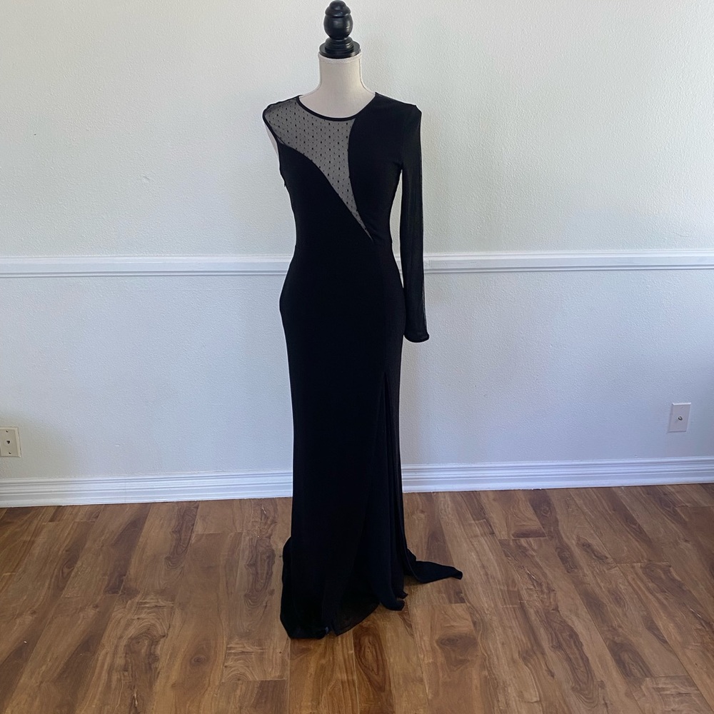 Elegant Black Maxi Dress with Sheer Polka-Dot Accent